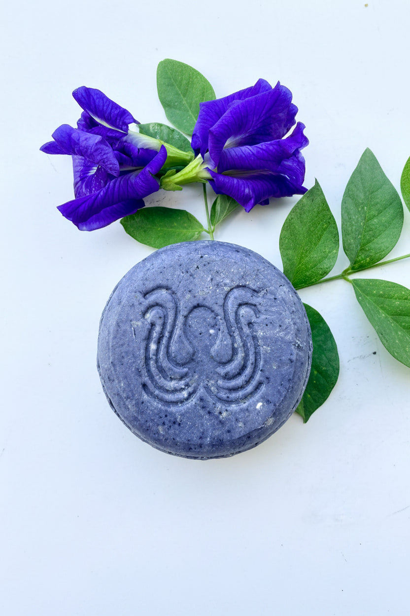 A round lavender-gray soap bar with an embossed double-helix design, styled with purple flowers and green leaves on a blurred beach background
